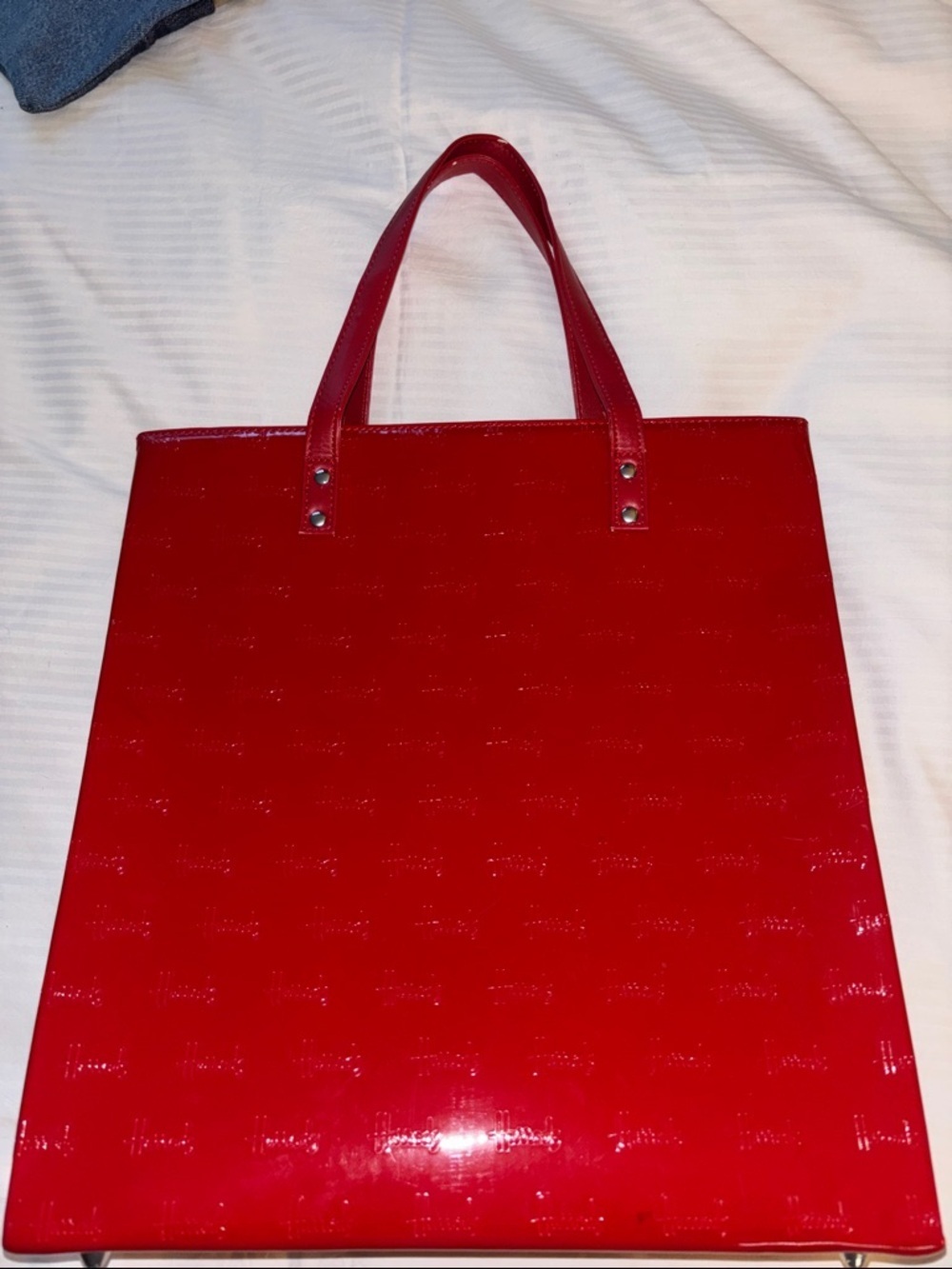 HARRODS OF LONDON RED PATENT LEATHER TOTE BAG 3COMPARTMENTS WITH MIDDLE ZIPPER